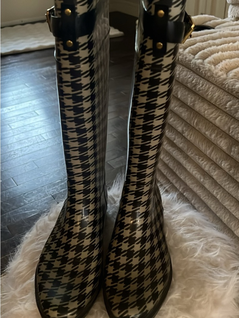 Lauren Ralph Lauren Black and White Houndstooth Tall Rain Boots